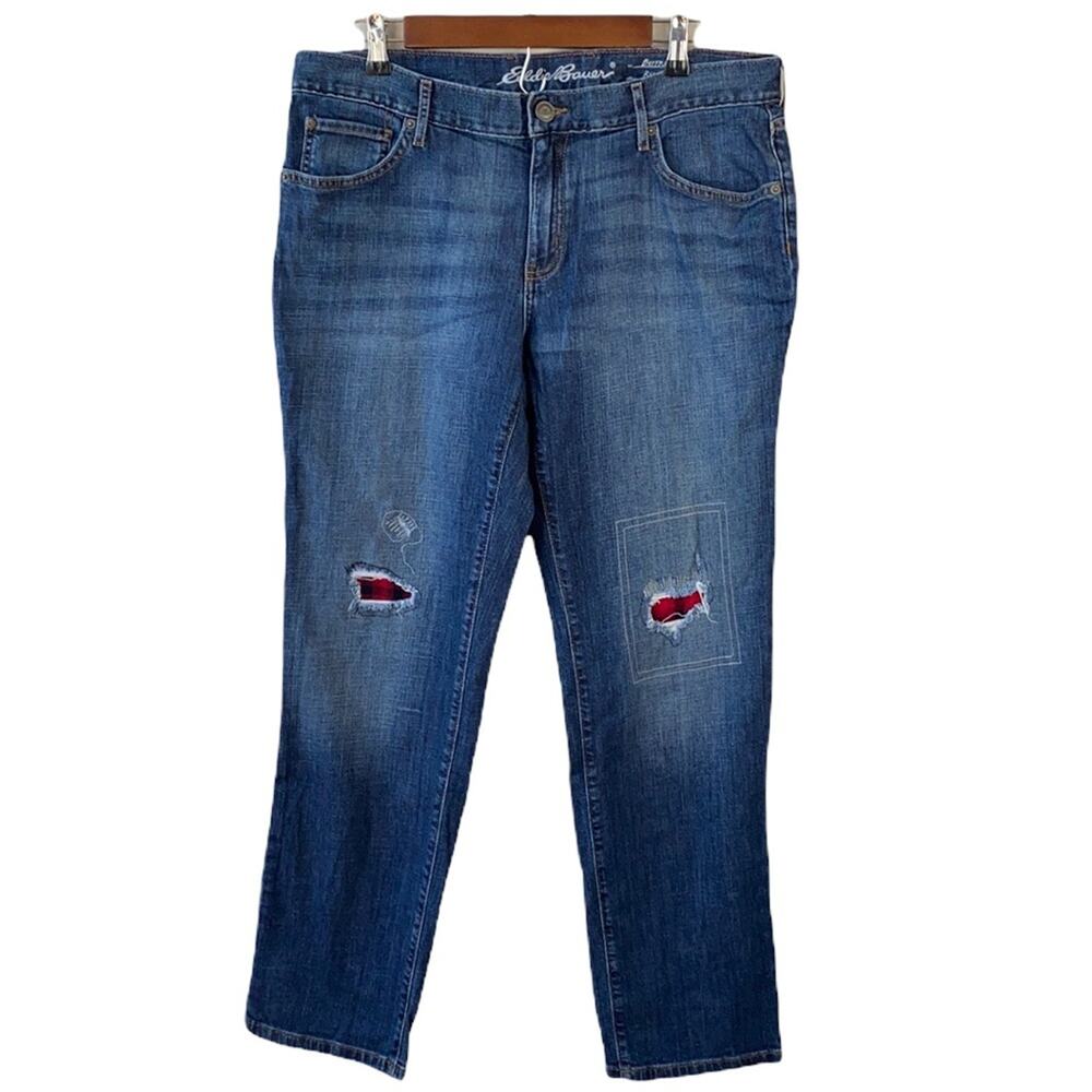 Eddie Bauer Women Dark Wash Denim Boyfriend Relaxed Distressed Patched Jeans 14